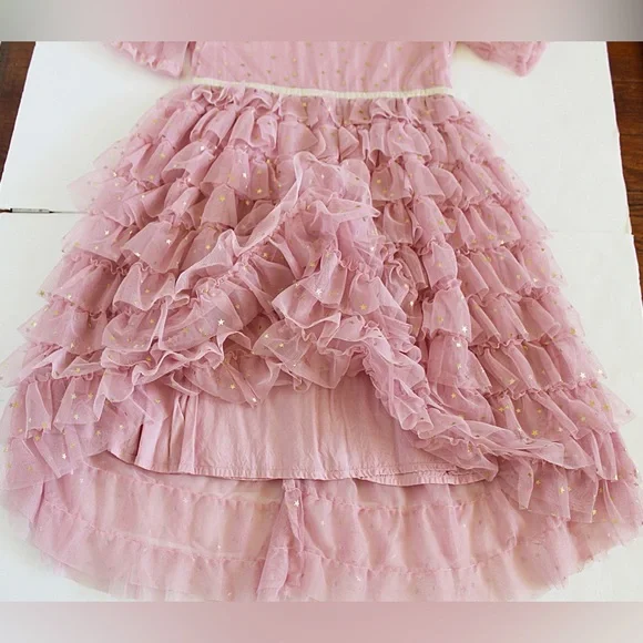 Mini Boden Gold Star Print Pink Ruffle Tulle Dress. Size 11/12